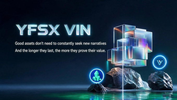 A promotional banner for "YFSX VIN" featuring translucent 3D cubes, crystalline rocks, and glowing circular token icons against a dark background, with the tagline "Good assets don't need to constantly seek new narratives / And the longer they last, the more they prove their value." The imagery visually reinforces the post's emphasis on the dual-token DeFi ecosystem built on BNB Smart Chain, with the glowing icons representing $YFSX and $VIN as enduring assets rather than fleeting trends.