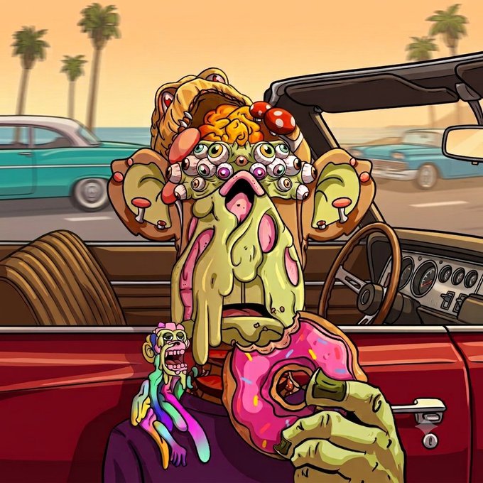 A Bored Ape Yacht Club character in a convertible car holds a pink frosted donut while a Mutant Cartel figure melts at his side, capturing the "Bored & Mutated" spirit of the post.