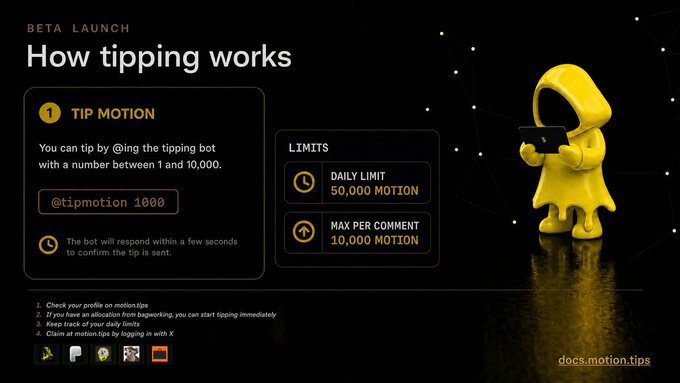 An informational graphic titled "How tipping works" for the "BETA LAUNCH" explains using the "@tipmotion 1000" command, setting a "DAILY LIMIT" of 50,000 MOTION and a "MAX PER COMMENT" of 10,000 MOTION, featuring a yellow hooded figure holding a phone.