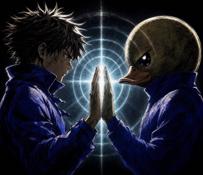 An anime-style illustration showing two characters facing each other with their hands pressed together, emitting a glowing cross-shaped light between them.