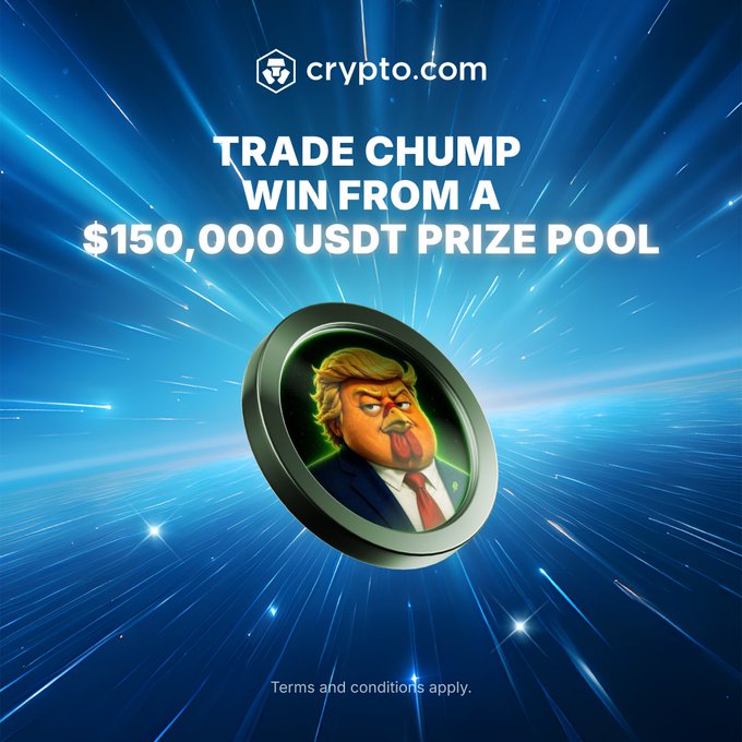 A promotional ad for Crypto.com features a stylized Trump caricature coin against a cosmic blue background, advertising a "TRADE CHUMP WIN FROM A $150,000 USDT PRIZE POOL" campaign. The image ties directly to the accompanying post, which invites users to trade CHUMP and compete for their share of the prize pool alongside sign-up rewards.