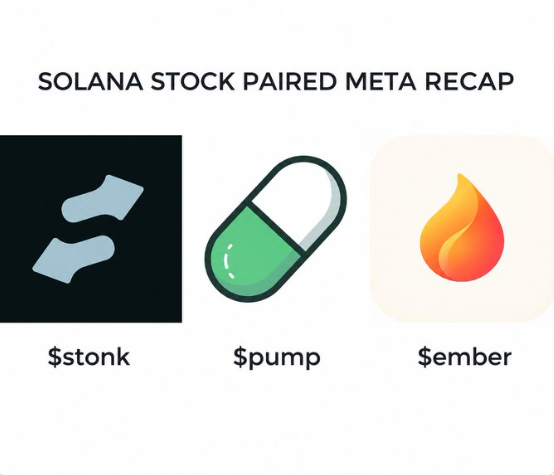 A graphic titled 'SOLANA STOCK PAIRED META RECAP' displays three icons: a black square with '$stonk', a green and white pill with '$pump', and a flame with '$ember'.