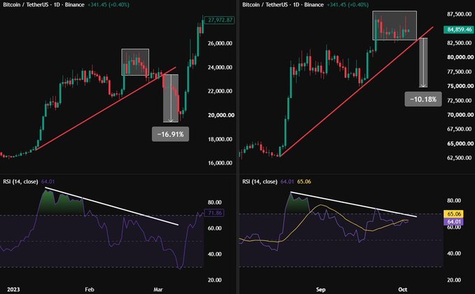 Two Bitcoin/TetherUS daily candlestick charts from Binance comparing price action and RSI indicators, showing a 16.91% drop in one period and a 10.18% drop in another.