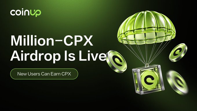 An advertisement for CoinUp announcing a "Million-CPX Airdrop Is Live" where new users can earn CPX, illustrated with a green parachute carrying coins bearing the "C" logo.