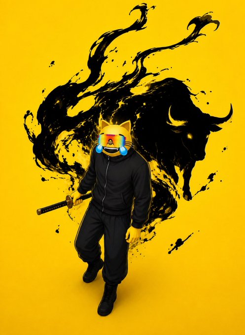 Digital artwork featuring a figure in black clothing holding a sword, wearing a crying laughing cat emoji mask, against a yellow background with black ink splashes forming bull-like figures.