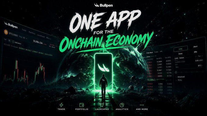 A promotional banner for Bullpen featuring the slogan 'ONE APP FOR THE ONCHAIN ECONOMY,' displaying trade, portfolio, launchpad, analytics features over a dark cosmic background with trading interfaces.