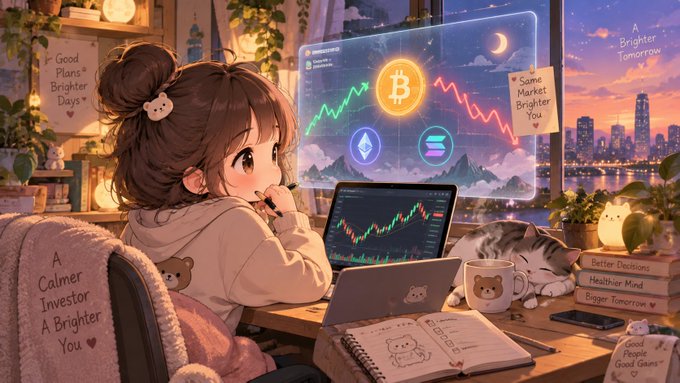 An anime-style illustration shows a young woman with a bun working on a laptop and tablet displaying Bitcoin and Ethereum charts, with a cat napping nearby and a city skyline at sunset in the background.