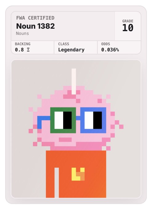 FWA Certified Noun 1382 NFT card showing a pixelated pink character with 3D glasses, classified as Legendary with 0.036% odds and a backing of 0.8 ETH.
