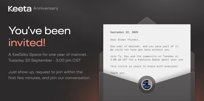 A 'Keeta Anniversary' invitation graphic reads 'You've been invited!' for a KeeTalks Space event on 'Tuesday 22 September, 3:00 pm CST', featuring a sample email dated September 22, 2026.