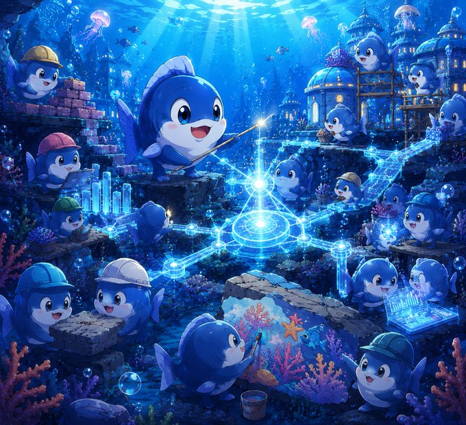 The image features a cartoon fish surrounded by other cartoon fish, all wearing hats and holding objects such as a shovel or a bucket. The scene takes place underwater with blue water and coral reefs. The cartoon fish are depicted in various positions, some standing while others are sitting on rocks or floating near the surface of the water. The overall atmosphere is playful and whimsical, reflecting the theme of community activity and collaboration among the cartoon characters.