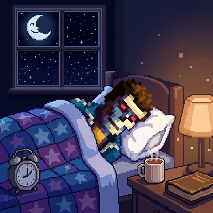 A pixel art scene shows a Minecraft zombie with glowing red eyes sleeping under a starry blanket in a cozy bedroom with a crescent moon visible through the window.