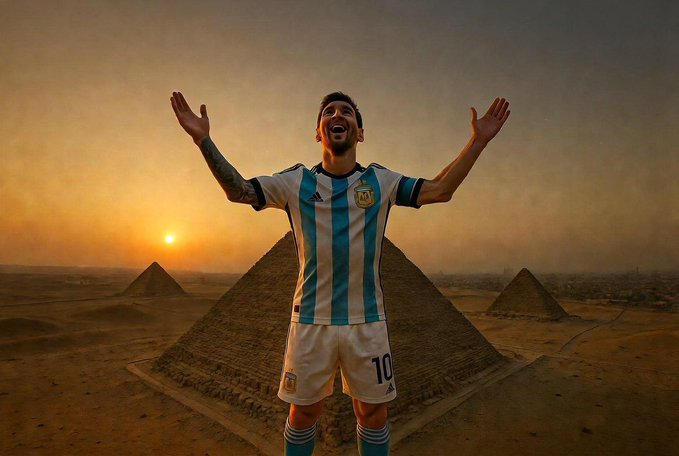 A soccer player wearing an Argentina jersey with the number 10 stands triumphantly with arms outstretched in front of the Egyptian pyramids at sunset, symbolizing optimism and victory—fitting the post's "stay positive" giveaway theme aimed at engaging followers through social media actions.