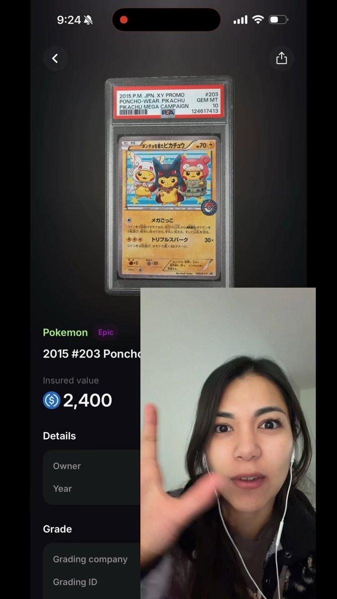 A screenshot showing a PSA-graded 2015 P.M. JPN XY Promo Poncho-Wear Pikachu Pokemon card with an insured value of $2,400, with a woman gesturing in the foreground.