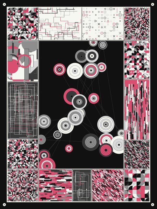 An abstract geometric art piece featuring a black background with various panels of pink, black, white, and gray patterns including circles, triangles, and grids arranged around a central network of connected rings.