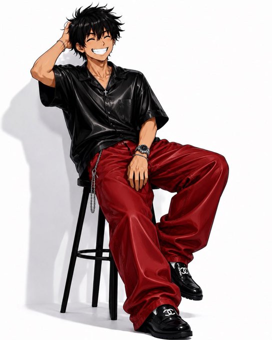An anime-style illustration of a cheerful young man with messy black hair sitting on a black stool, wearing a black shirt with a silver cross necklace, red wide-leg pants, a chain, and black Chanel loafers with the interlocking CC logo.