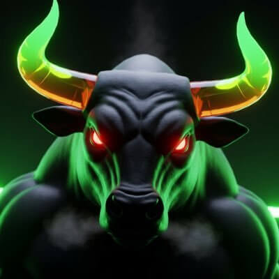 A digitally rendered, menacing black bull with glowing neon green horns and glowing red eyes stares forward against a dark background.