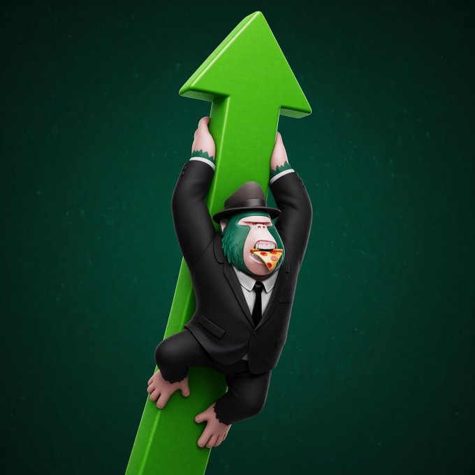 A 3D illustration of a cartoonish character in a black suit and fedora climbing a large green upward arrow while eating pizza.