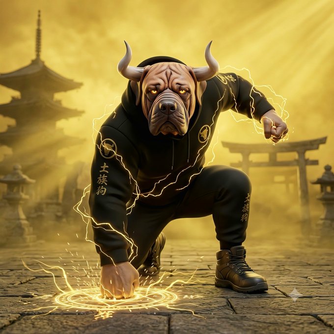 A digital illustration of a powerful humanoid dog figure in a black hoodie with Asian characters, kneeling with lightning effects around it against a golden backdrop with a pagoda and torii gate.
