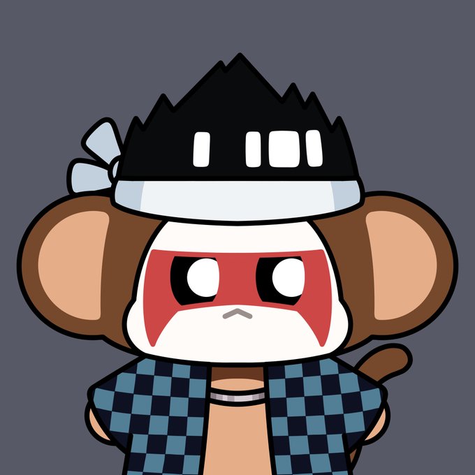 A cartoon monkey character with brown ears wears a black samurai-style helmet with a light blue ribbon, red face paint, and a blue and black checkered kimono against a gray background.