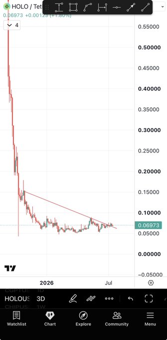 A TradingView 3D candlestick chart of $HOLOU on the Crypto.com exchange shows a steep decline from highs above $0.55 down to $0.06973, with a descending trendline suggesting a potential breakout setup similar to $US, supporting the post's call for a low-leverage long or spot position.