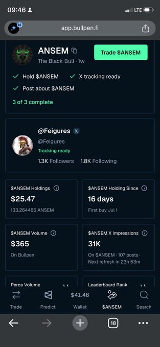 Bullpen.fi app screenshot showing $ANSEM (The Black Bull) token page with $25.47 holdings (133.264465 ANSEM), $365 volume, 31K X impressions, and a 'Trade $ANSEM' button.