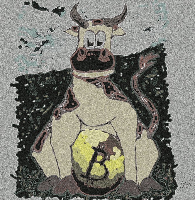 A cartoon illustration of a cream-colored cow with horns sitting upright, wearing a black cape, with a yellow shield bearing the letter 'B' on its belly.
