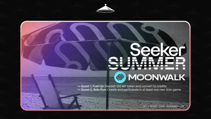 The image is a promotional graphic for "Seeker Summer Moonwalk" featuring a beach scene with a striped umbrella and lounge chair, displaying two quests: "Fuel Up" (Deposit 100 MF token + convert to credits) and "Solo Run" (Create + participate in at least one new Solo game). The graphic ties directly to the accompanying post announcing the launch of Seeker Summer R2 quests, visually reinforcing the summer/beach theme of the campaign.