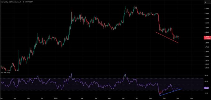 A financial candlestick chart displays 'Market Cap USDT Dominance' over a period from October to September, showing red trend lines and an RSI indicator below.