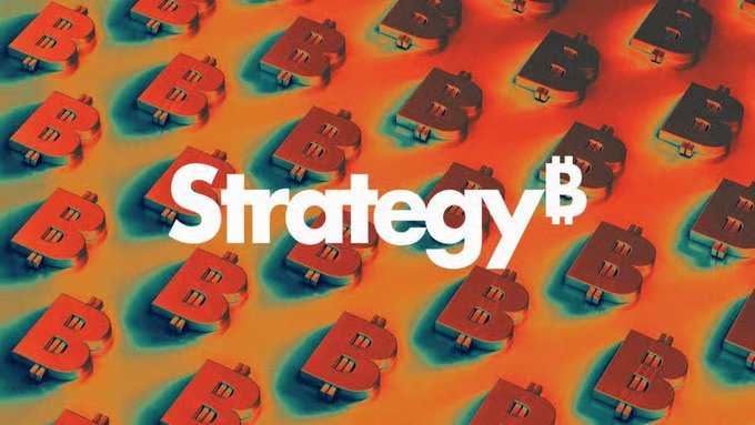 A 3D graphic design showing multiple 'B' symbols, likely representing Bitcoin, scattered across an orange surface, with the word 'Strategy' written in large white text across the center.