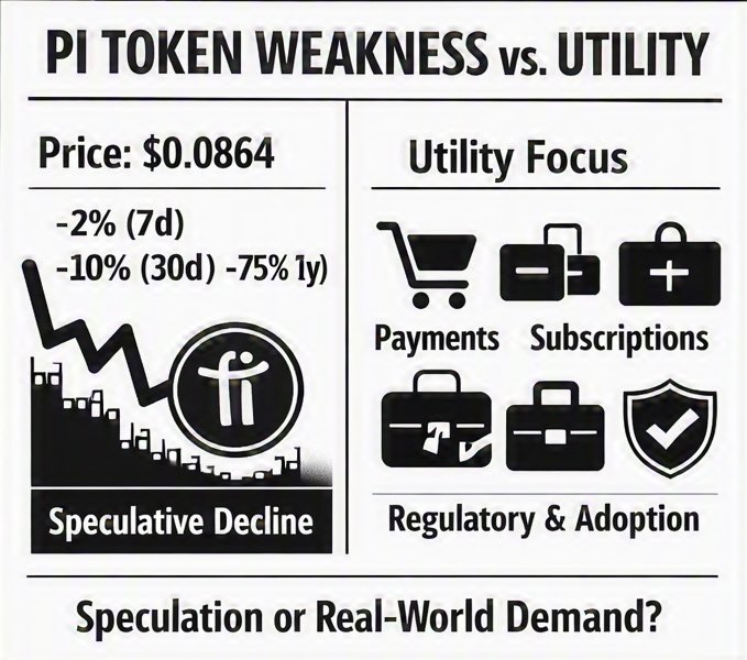 An infographic titled 'PI TOKEN WEAKNESS vs. UTILITY' showing Pi's price at $0.0864 with significant declines (-2% 7d, -10% 30d, -75% 1y) contrasted against utility features like payments, subscriptions, and regulatory adoption.