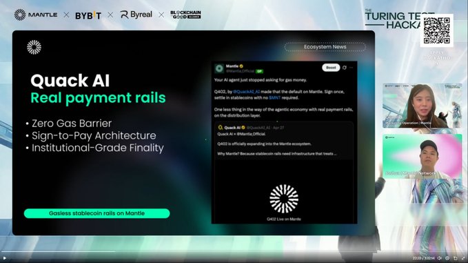 The image shows a presentation screen with a video playing at the bottom of the frame. The title "Quack AI" is displayed above the video, indicating that this is part of an event or competition related to artificial intelligence. The main focus of the presentation appears to be on real payment rails and how they can be used for stablecoins. There are two people in the image, one person sitting at a desk with their back facing the camera while another person is standing behind them. They seem to be engaged in a discussion or presentation related to the topic of stablecoins and real payment rails.