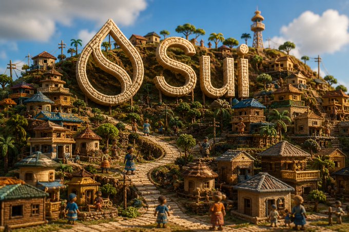 Miniature diorama of a village with intricate dwellings, featuring a large 'Sui' logo and water droplet symbol on a hillside.