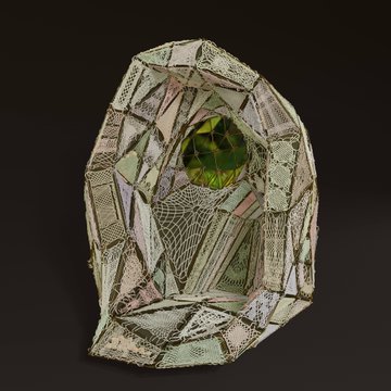 The image features an intricate, 3D-rendered sculpture made from a variety of materials including lace, yarn, and fabric. The sculpture has a unique design with a green gemstone at its center, surrounded by a complex arrangement of small pieces that create a sense of depth and complexity. The piece is displayed against a black background, which highlights the colors and textures within it.