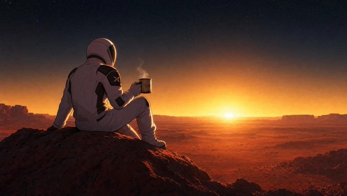 A digital illustration shows an astronaut in a white spacesuit sitting on a rocky outcrop, drinking from a mug while watching a sunset over a red, Mars-like landscape under a starry sky.