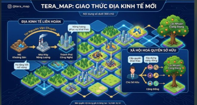 The image is a Vietnamese infographic from @tera_map titled "TERA_MAP: GIAO THỨC ĐỊA KINH TẾ MỚI" (New Geoeconomics Protocol), which illustrates a circular digital economy ("Địa Kinh Tế Liên Hoàn") showing resource flow from mining to energy factories to tech cities, alongside a "Quyền Sở Hữu Xã Hội Hóa" (Socialized Ownership) section depicting shared ownership between land owners and the community—visually reinforcing the post's argument that Tera_Map moves beyond static speculative virtual land into an active, blockchain-driven geoeconomic ecosystem.