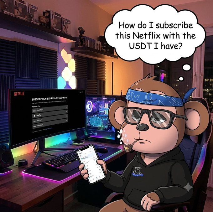 A cartoon bear character wearing glasses and a blue bandana sitting at a gaming setup with a Netflix subscription screen, thinking "How do I subscribe this Netflix with the USDT I have?"