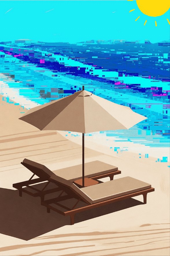 The image features a beach scene with two brown lounge chairs, one under an open tan umbrella positioned towards the left side of the frame. The background shows a beautiful ocean view with waves crashing onto the shoreline. The caption above the image reads "Gm fam We could have been here with you @manifoldxyz".