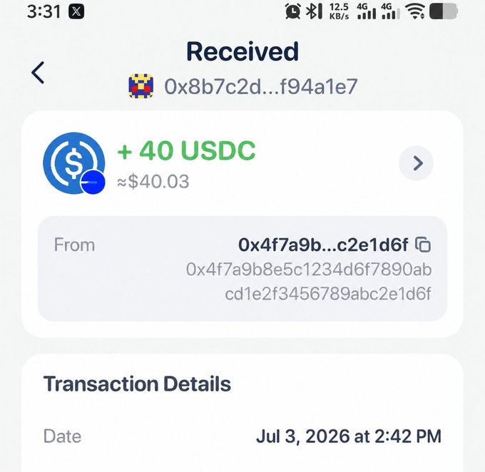 A mobile wallet screenshot showing a received transaction of +40 USDC (≈$40.03) from address 0x4f7a9b...c2e1d6f to 0x8b7c2d...f94a1e7, dated July 3, 2026 at 2:42 PM.