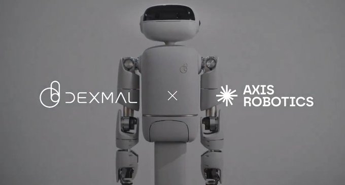 A promotional collaboration image featuring a white humanoid robot with the logos for 'DEXMAL' and 'AXIS ROBOTICS' flanking it.