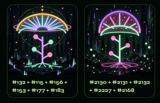 Two glowing neon sci-fi symbols featuring dome-shaped structures with radiating lines and geometric stems, displayed against dark cosmic backgrounds with color palette codes listed below each (#132 + #115 + #156 + #153 + #177 + #183 and #2130 + #2131 + #2132 + #2227 + #2168).