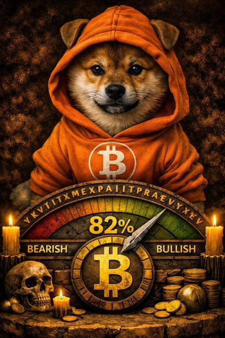 An illustration of a Shiba Inu dog wearing an orange Bitcoin hoodie, positioned above a fear and greed index-style gauge showing 82% 'BULLISH' alongside a skull and candles.