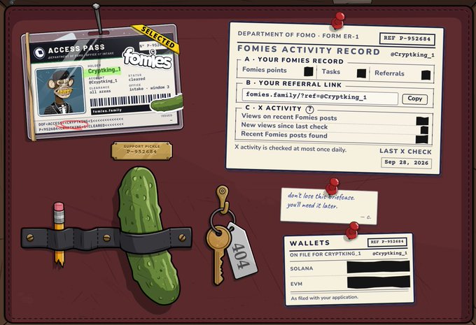 A cartoon briefcase displays an "Access Pass" for "CryptoKing_1" (Fomies NFT) alongside a "Department of Fomo Form ER-1" activity record and a wallet list showing Solana and EVM addresses (REF P-952684, P-952641). The image playfully illustrates the post's premise of receiving an official briefcase from the "Department of Fomo," featuring humorous props like a stray pickle, a key labeled "404," and a pencil—matching the joke about not asking about the pickle.