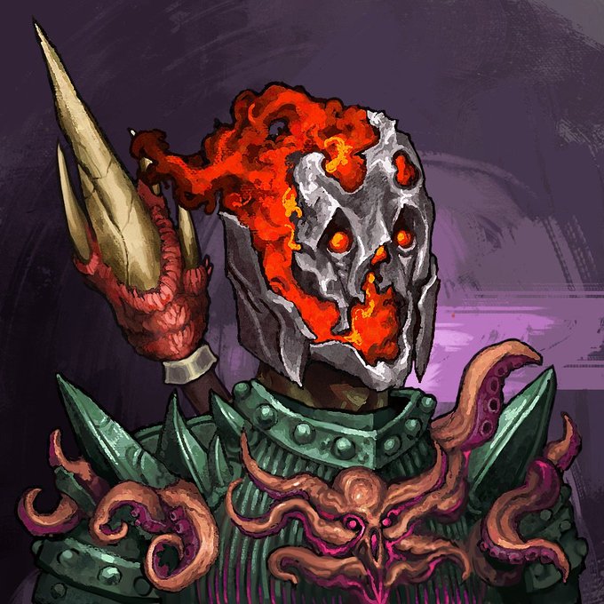 A fantasy illustration of a menacing knight wearing a stone mask with glowing orange eye sockets and mouth, holding a bone-tipped spear, with purple tentacles wrapped around its green armor.