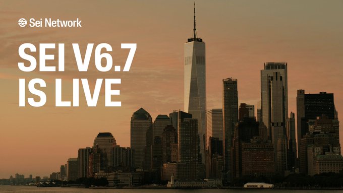 An announcement graphic for "SEI V6.7 IS LIVE" from Sei Network, overlaid on a sunset photograph of the New York City skyline featuring One World Trade Center.