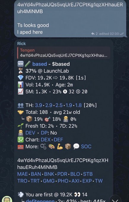 A Telegram chat screenshot featuring a message about a token called 'Tengen' at contract 4wYd4vPhzaUQs5vqUrEJ7CPtKg1qzxHhauERuh4MiNMB, with trading data and tags including MAE, BAN, BNK, PDR, BLO, STB, TRO, TRT, GMG, PHO, AXI, EXP, TW.