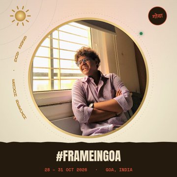 A man with curly hair and glasses smiles while leaning against a sunlit window in a circular portrait framed by "GOA . 2026" and "HACKER HOUSE" text, promoting the "#FRAMEINGOA" Hacker House Goa 2026 event happening October 26–31, 2026, which connects to the post announcing his newly minted builder ID for the gathering.