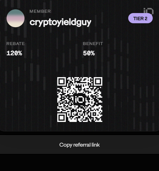 The image shows a member profile card for "cryptoyieldguy" at Tier 2 on what appears to be the Entropy platform, displaying a 120% rebate rate and 50% benefit, along with a QR code and "Copy referral link" button. The screenshot visually supports the post's claim by directly showcasing the 120% rebate figure being promoted through the referral link.