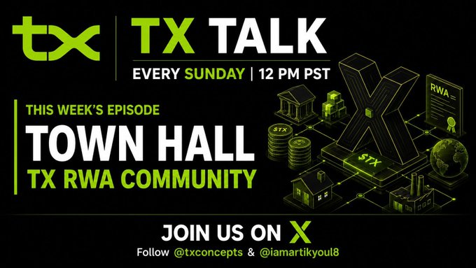 A promotional graphic for 'TX TALK' featuring a Town Hall episode for the TX RWA Community, scheduled every Sunday at 12 PM PST, with social handles @txconcepts and @iamartikyou8.