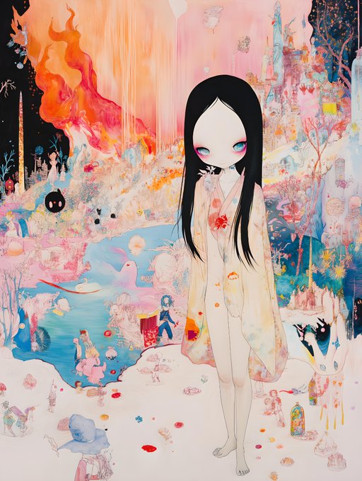 A vibrant surrealist illustration by a Japanese-style artist features a pale, big-eyed figure with long black hair standing in a fantastical dreamscape filled with flames, castles, and whimsical creatures.