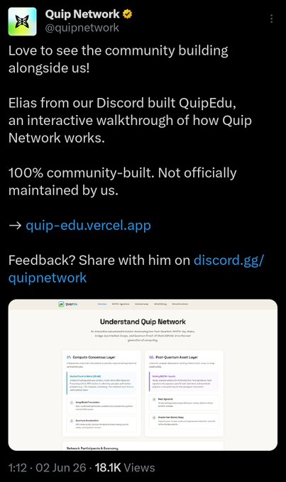 ?"The usual thing that happens when communities say they are early", usually, people will be posting memes waiting for announcements or a particular event or message to arrive." This sentence suggests that the message being conveyed in this social media post is related to Quip Network, possibly discussing something about the network's internal processes, or sharing information on how the community is working towards a specific goal.